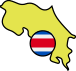 Silueta amarilla del mapa de Costa Rica con un círculo que contiene la bandera nacional en el centro del país.