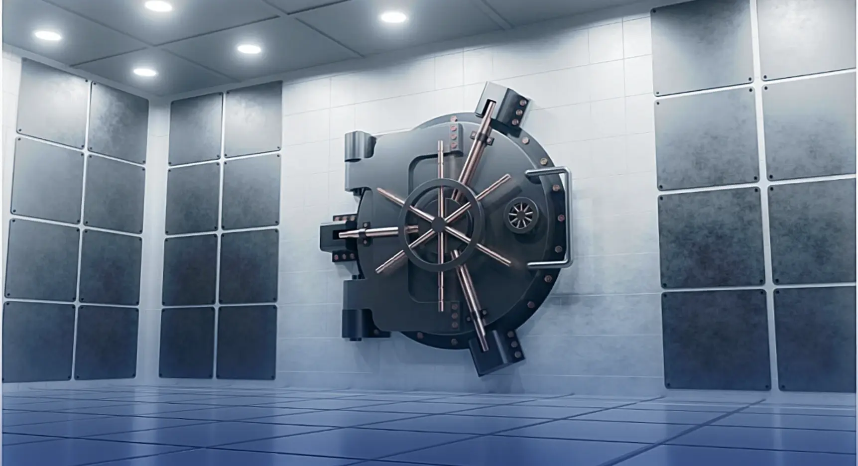Puerta metálica de bóveda bancaria cerrada en una sala con paredes y techo reforzados.