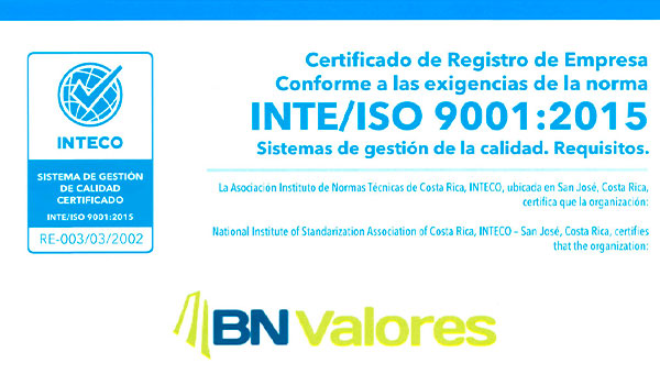 Certificado de registro de empresa BN Valores bajo norma INTE ISO 9001 2015 emitido por INTECO.
